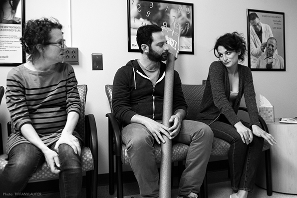 Sophie Goodhart, Nick Kroll and Jenny Slate on the set of "My Blind Brother."