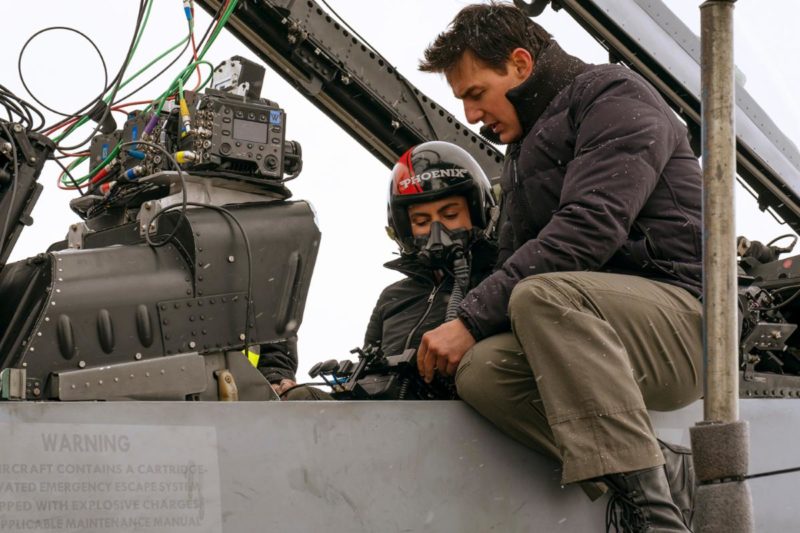 Monica Barbaro and Tom Cruise on the set of Top Gun: Maverick from Paramount Pictures, Skydance and Jerry Bruckheimer Films.