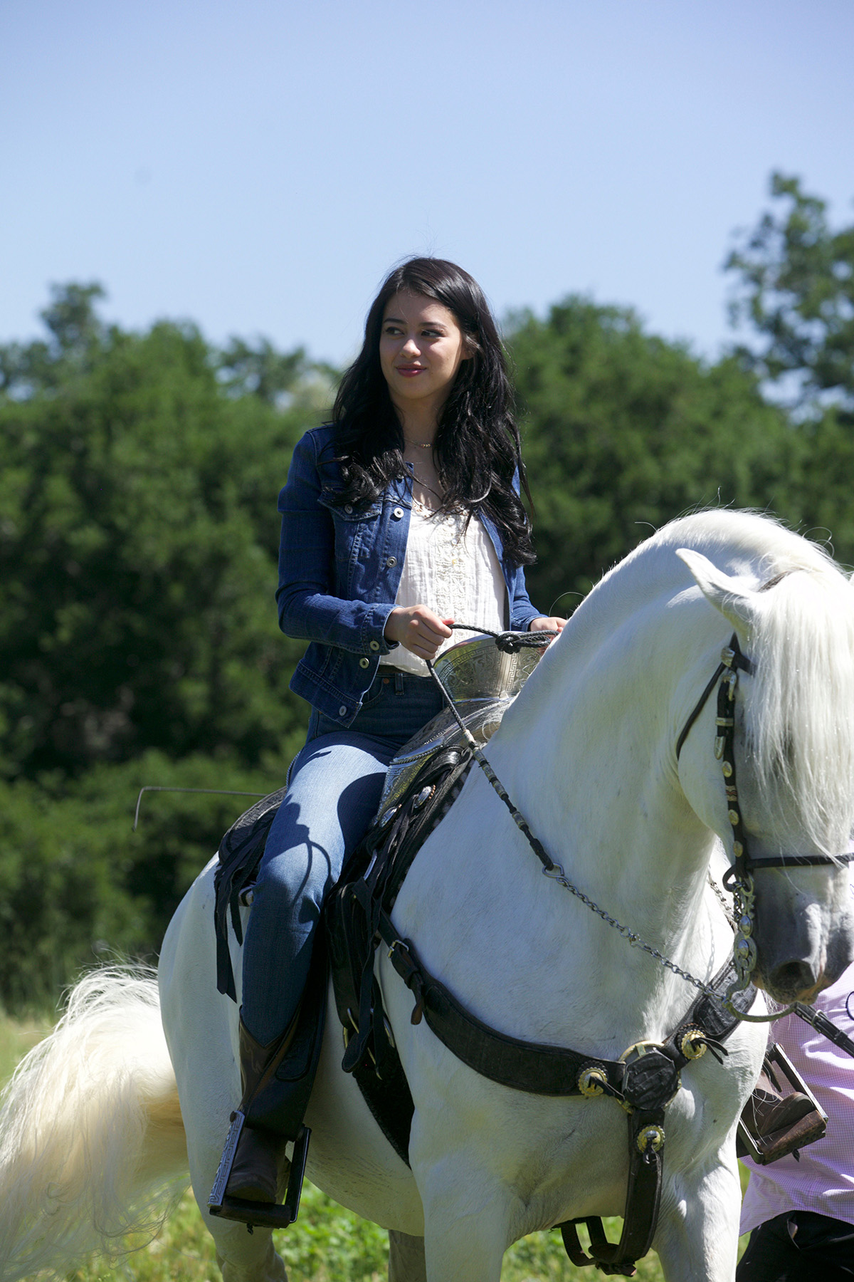 Amber Midthunder on horseback while shooting 'Centurion: The Dancing Stallion.'