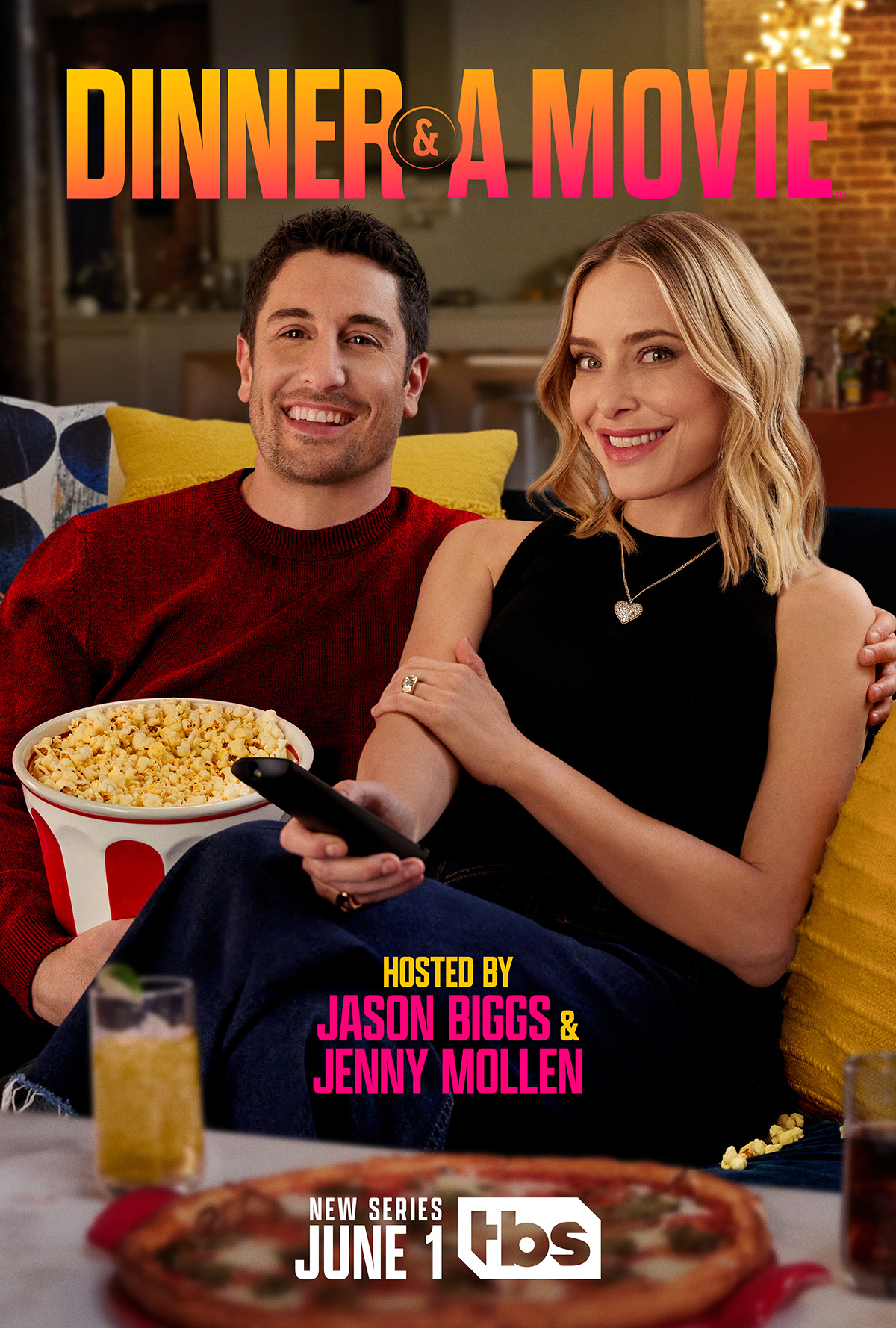 Jason Biggs and Jenny Mollen will host "Dinner & A Movie" on TBS.