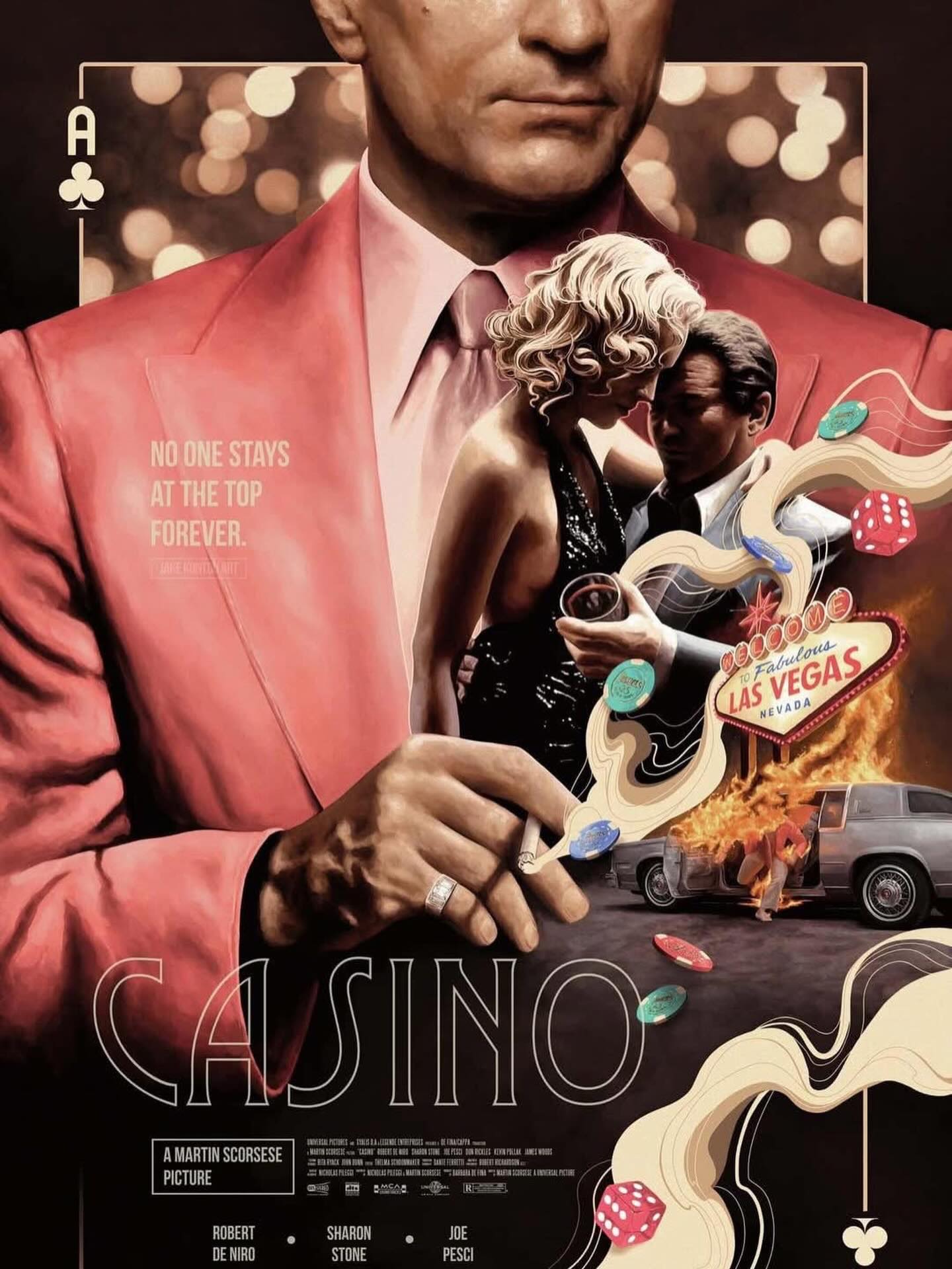 “There are three ways of doing things around here: the right way, the wrong way, and the way that I do it.” 🎰💰💥

Today we’re celebrating one of Scorsese’s greatest crime sagas and soaking in the full neon-soaked magic of “Casino.”

Marking the 30th anniversary of its release on November 22, 1995, Martin Scorsese’s masterwork brings together Robert De Niro, Sharon Stone, Joe Pesci, James Woods, and Don Rickles for a gripping deep dive into power, greed, and betrayal in 1970s Las Vegas. It’s a brutal rise-and-fall story that still hits with razor-sharp precision.

And how about that artwork? This killer screenprint by Jake Kontou captures the film’s danger, glamour, and high-stakes swagger in one gorgeous hit. 🔥

#Casino #MartinScorsese #RobertDeNiro #SharonStone #JoePesci #1990sMovies #LasVegas #Mafia #LasVegasClassic