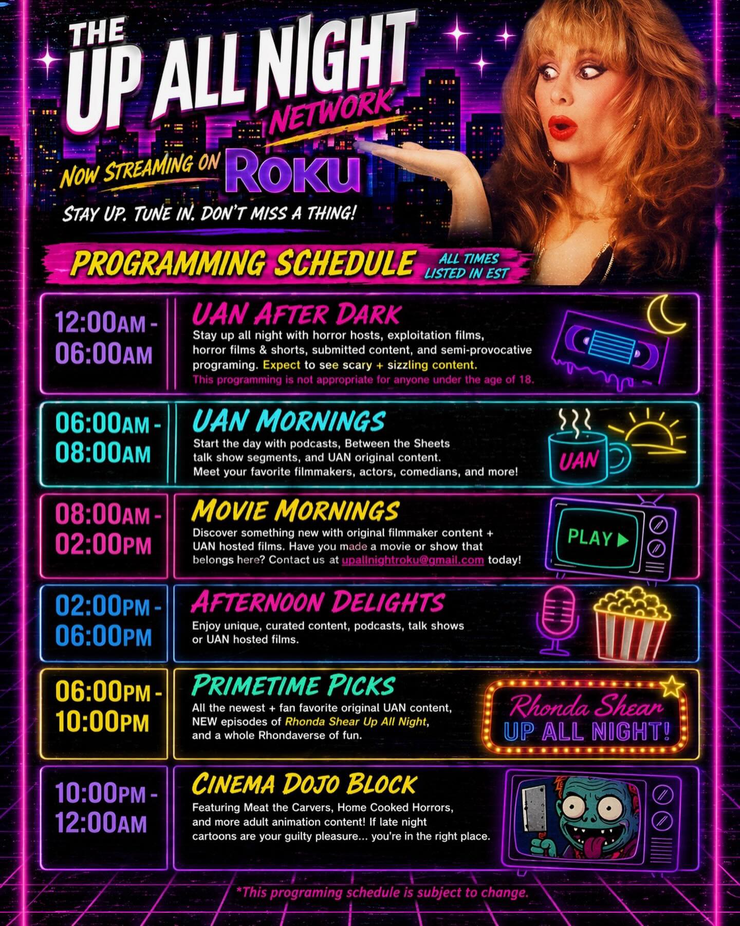 It’s an exciting time for the Rhondaverse! 👀
That’s right, there’s more Rhonda Shear-curated goodness than ever before because The Up All Night Network is officially live on Roku!
She’s ready to reprogram your day with a stacked lineup of early morning coffee chats, behind-the-scenes interviews with your favorite creators, afternoon talk shows, curated films, and podcast deep dives, all leading up to primetime episodes of “Rhonda Shear’s Up All Night,” fan-favorite originals, and plenty more for longtime devotees and newcomers alike. If you’ve been craving a one-stop destination for Rhonda’s signature brand of fun, fandom, and entertainment, the wait is over.
#RhondaShear #TheRhondaverse #UpAllNight #UpAllNightNetwork #Roku StreamingNow CultCinema LateNightTV RetroTV PopCulture TalkShow MovieFans PodcastLife ClassicTV NowStreaming